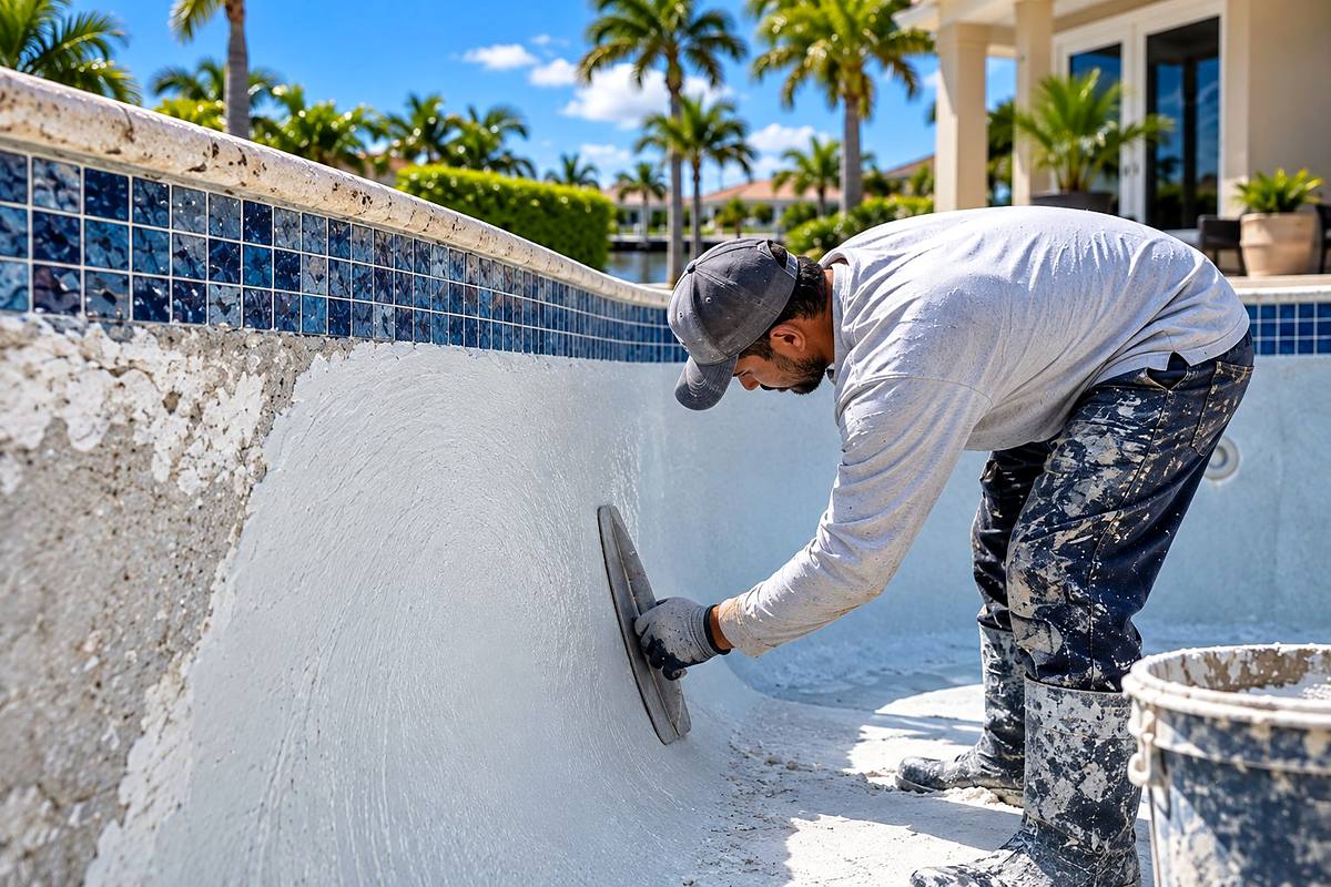 Pool technician troweling new white plaster during an inground pool resurfacing in Pompano Beach, FL