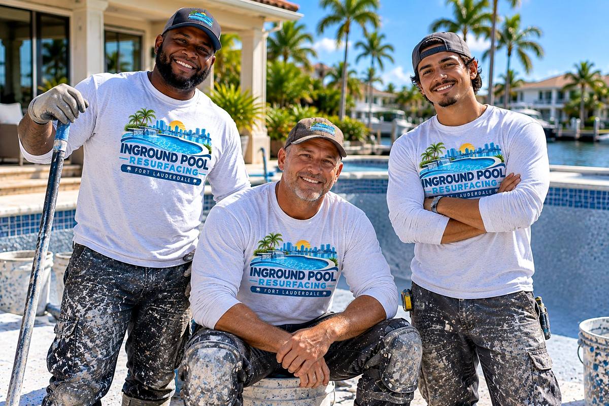 Pool resurfacing crew at a finished project in Broward County in Fort Lauderdale, FL