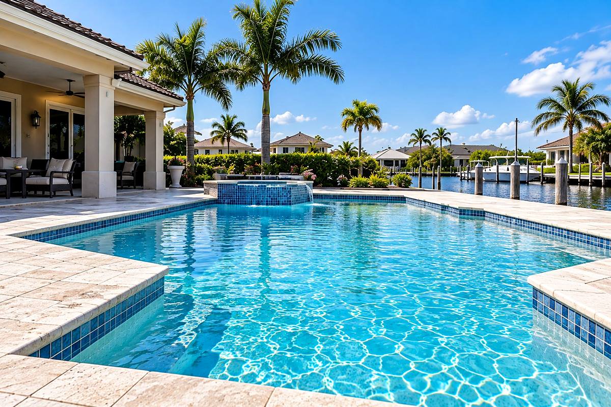 Resurfaced inground pool with blue waterline tile and travertine deck at a waterfront home in Fort Lauderdale, FL